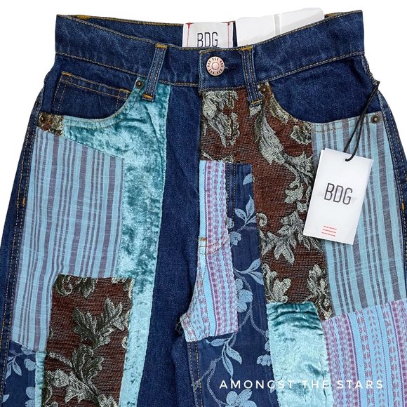 BDG Patchwork Velvet Jacquard High Waisted Wide Leg Blue Jeans - Picture 9 of 15